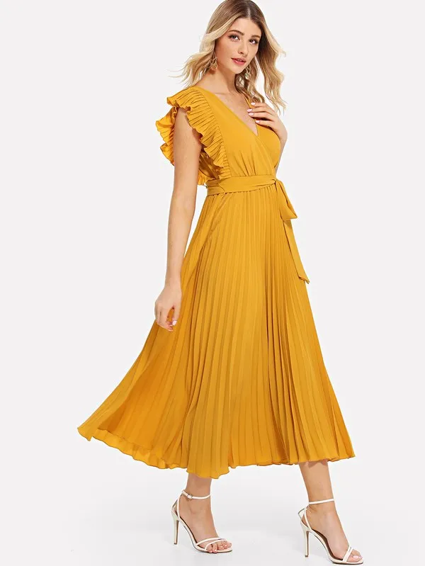 Ruffle Trim Pleated Wrap Dress