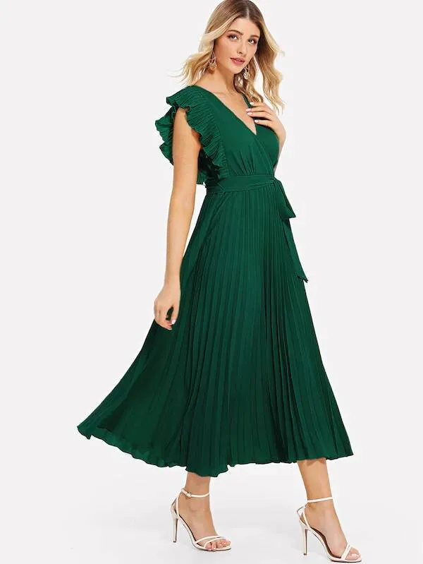 Ruffle Trim Pleated Wrap Dress