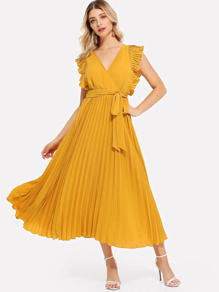 Ruffle Trim Pleated Wrap Dress