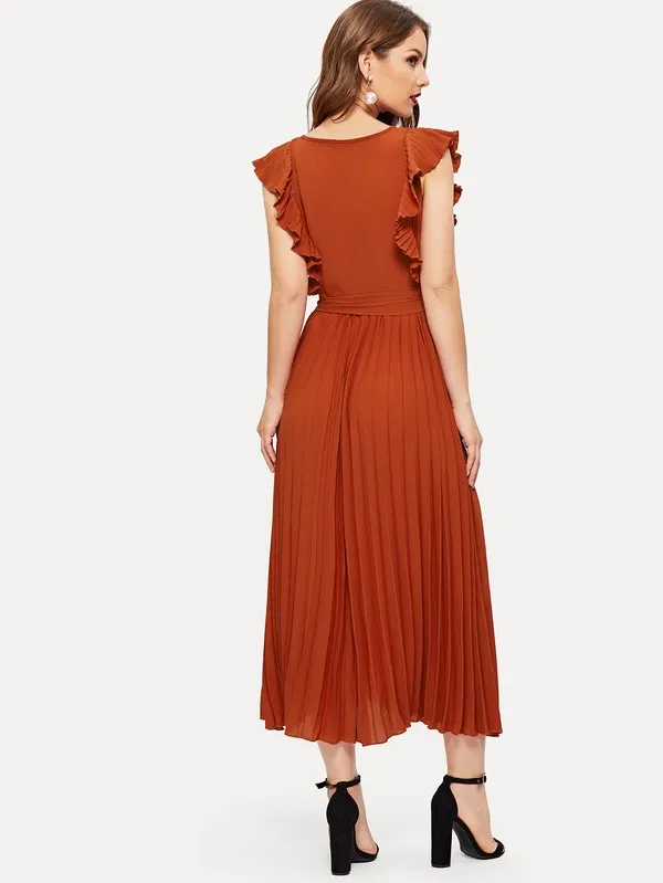 Ruffle Trim Pleated Wrap Dress