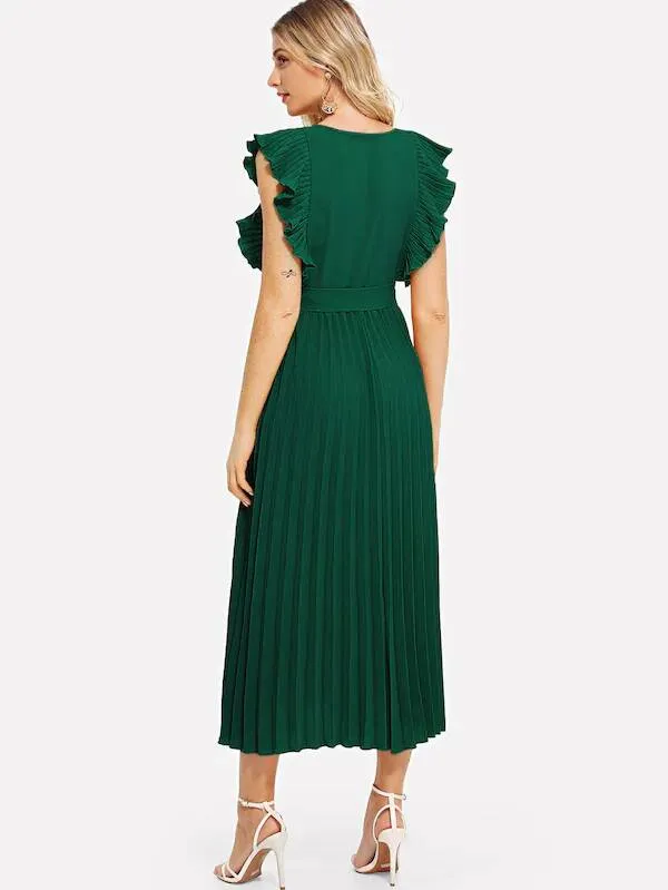 Ruffle Trim Pleated Wrap Dress