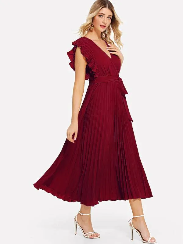 Ruffle Trim Pleated Wrap Dress