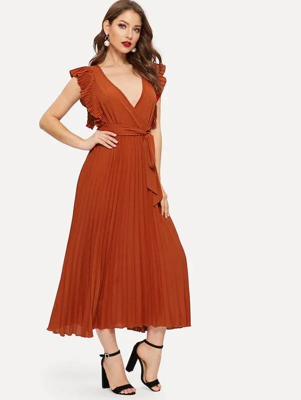 Ruffle Trim Pleated Wrap Dress