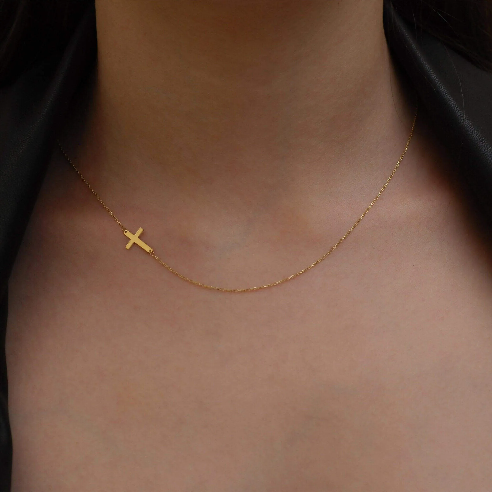 Sideways Cross Necklace | 14K Solid Gold