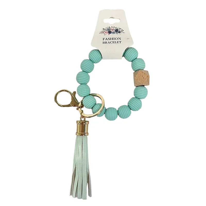 Solid Ribbed Beaded Keychain with Tassel