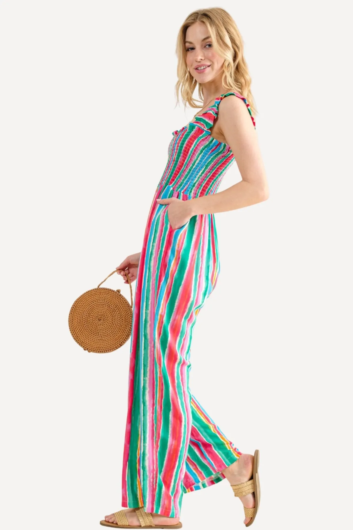 Striped Smocked Sleeveless Jumpsuit