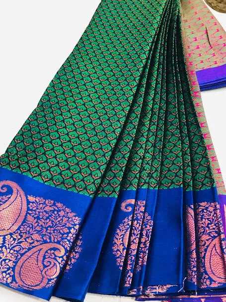 Stunning Green Colored Art Silk Saree With Butta Motifs Design And Rich Pallu