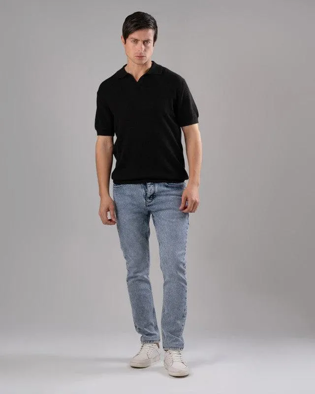 TEXTURED KNIT POLO SHIRT  -BLACK