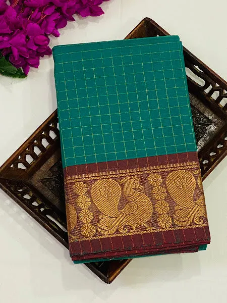 Traditional Green Color Pure Chettinad Cotton Saree With Zari Border