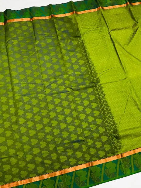 Traditional Olive Green Color Art Silk Saree With Flower Motifs And Copper Zari Border