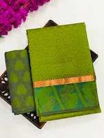 Traditional Olive Green Color Art Silk Saree With Flower Motifs And Copper Zari Border