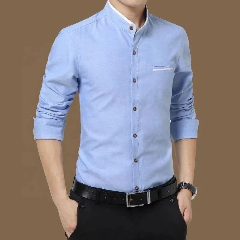 Trybuy Exclusive Sky Blue Cotton Button-Up Dress Shirt For Men