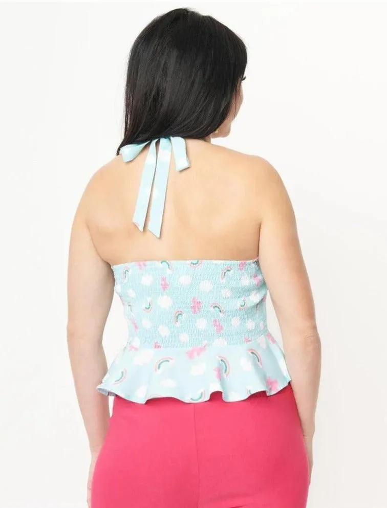 Unique Vintage Aqua & Rainbow Print Peplum Halter Top