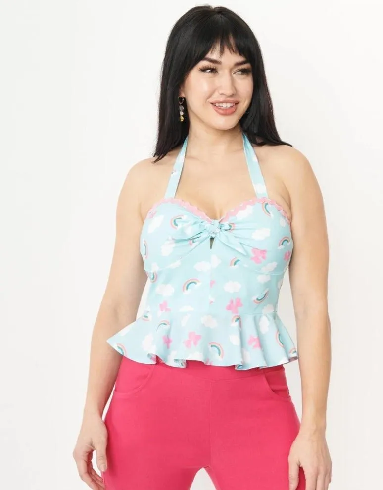 Unique Vintage Aqua & Rainbow Print Peplum Halter Top