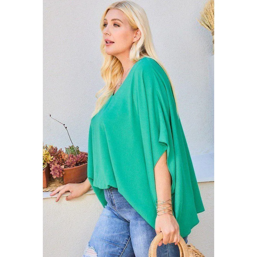 V Neck Dolman Sleeves Front Waist Elastic Solid Top