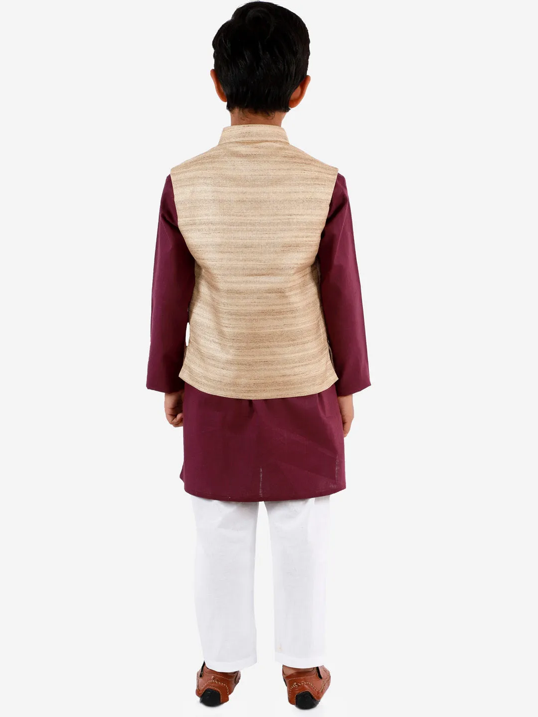 VASTRAMAY Beige, Purple And White Baap Beta Nehru Jacket Kurta Pyjama set