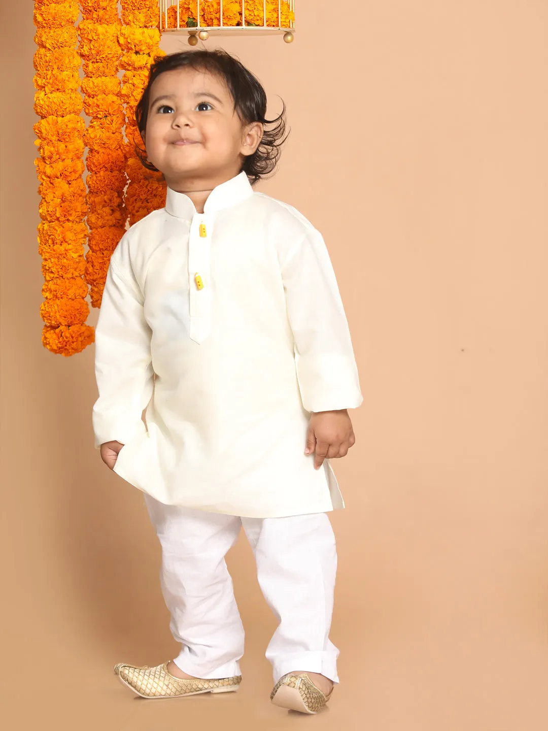 VASTRAMAY Boy's Cream-Colored Kurta with Pyjama Set