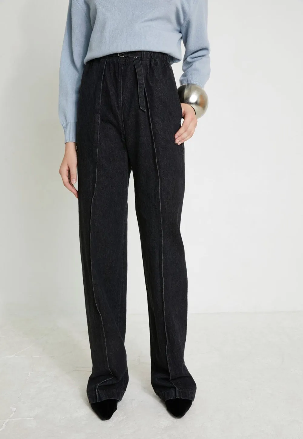 VERONIQUE LEROY - Wide Leg Pleated Trousers in Black Denim