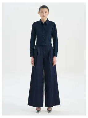 Women s Drape Denim Pleated Wide Pants Trousers Indigo Domestic Product